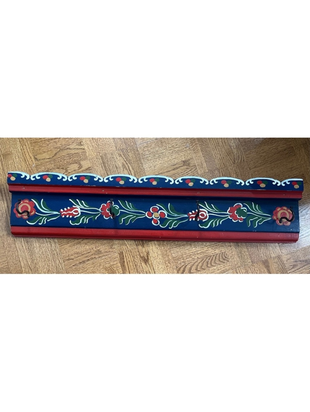 Vintage Romanian Transylvanian Folk Art Wooden Coat Rack 4 Hooks 26”